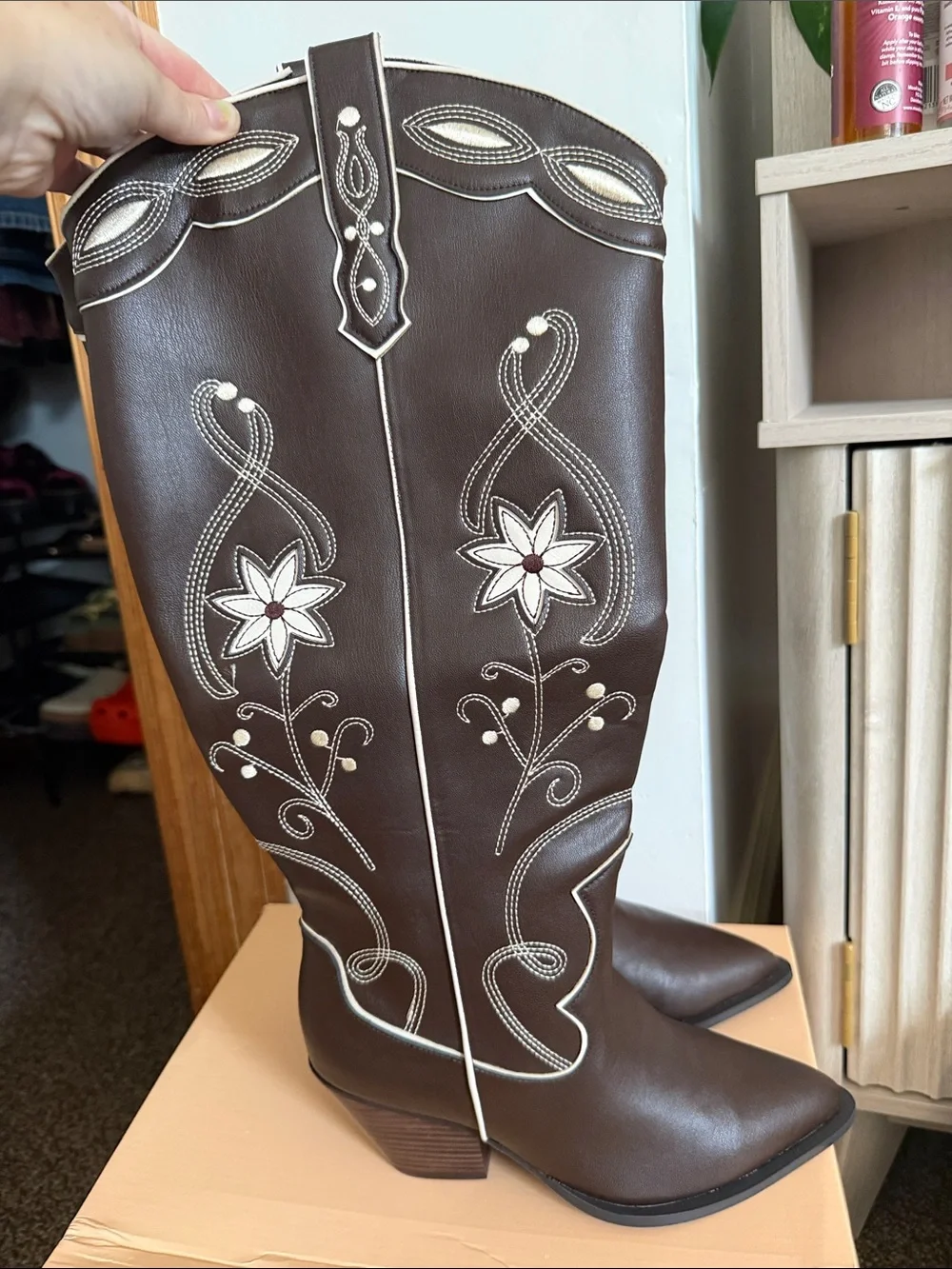 Billini Brown Western Over-the-Knee Boots with Cream Floral Stitching